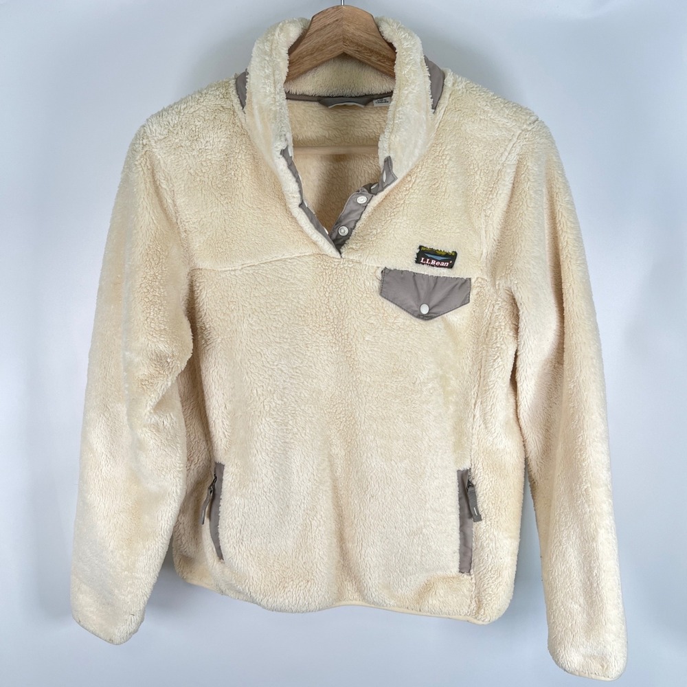 LL Bean Vintage Sherpa Fleece Pullover Cream Grey Snap Neck Jacket Mens M